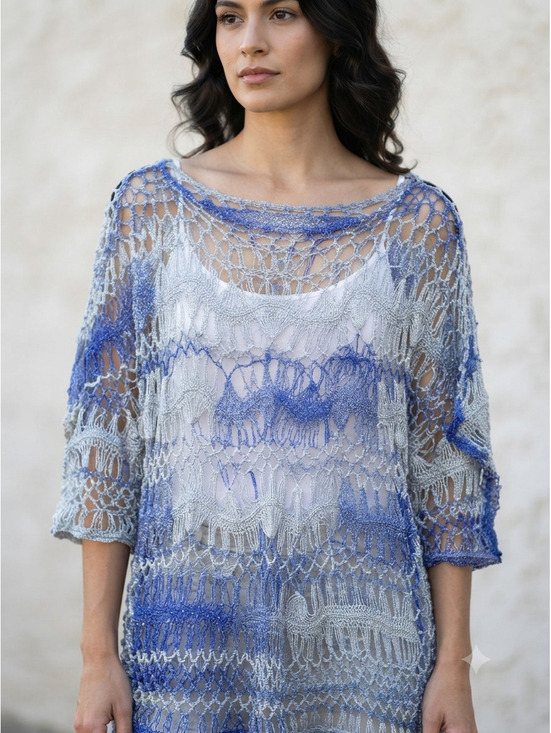 Sweaters - Handmade Blue and Silver Open Weave Knit Top